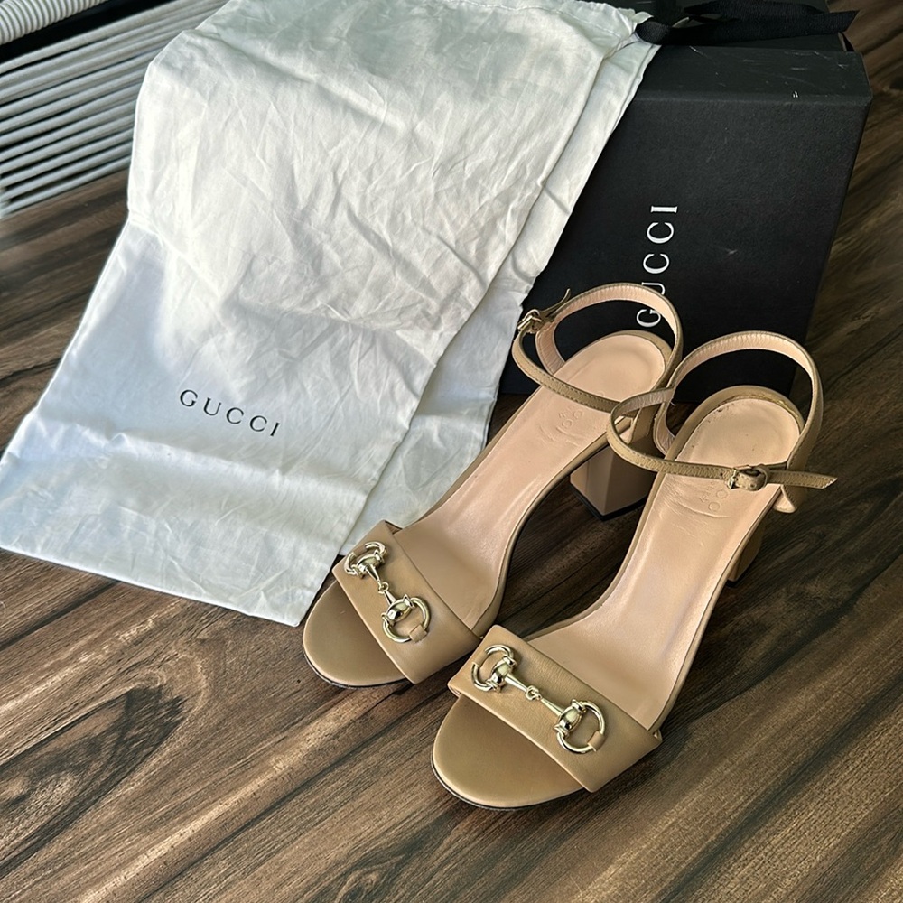 Gucci Taupe Block Heel Horse Bit